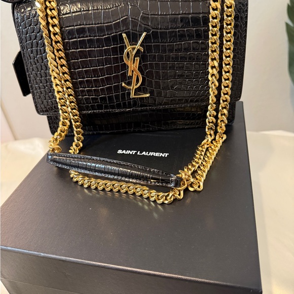 Yves Saint Laurent Sunset Black Croc-Embossed Shoulder Bag - Picture 2 of 16